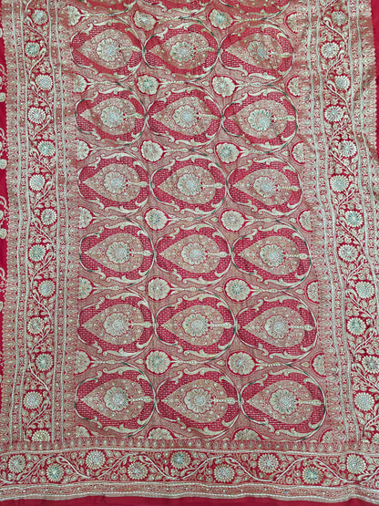 Red Zardozi Zarkan Banarasi Katan Saree