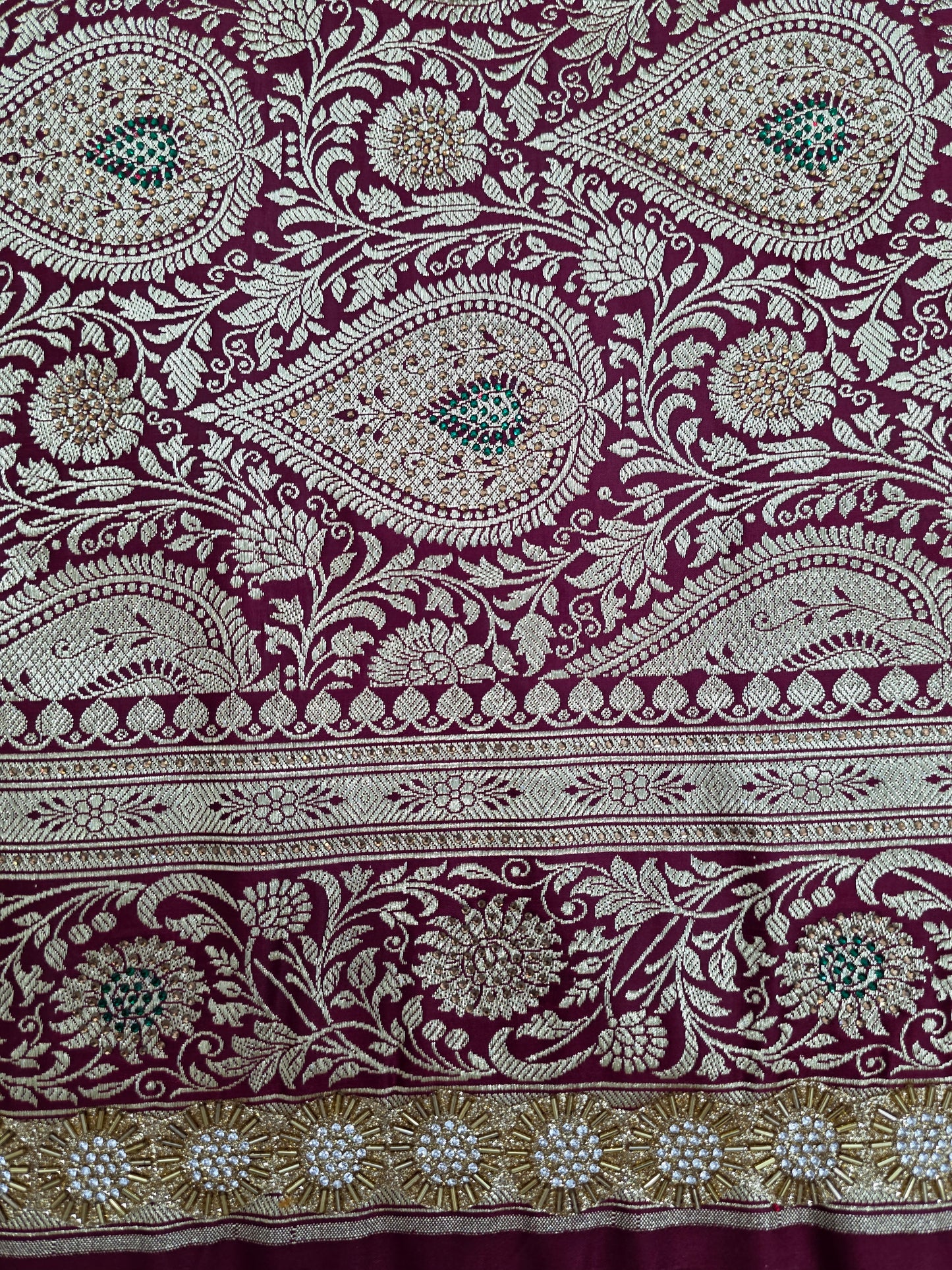 Maroon Zarkan Swarovski Banarasi Katan Saree