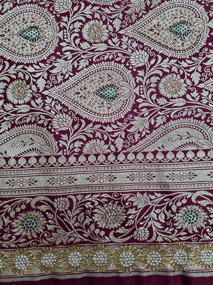Maroon Zarkan Swarovski Banarasi Katan Saree