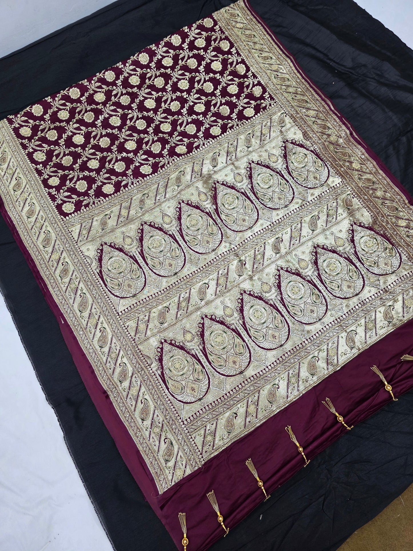 Wine Zardozi Zarkan Banarasi Katan Saree