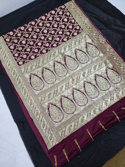 Wine Zardozi Zarkan Banarasi Katan Saree