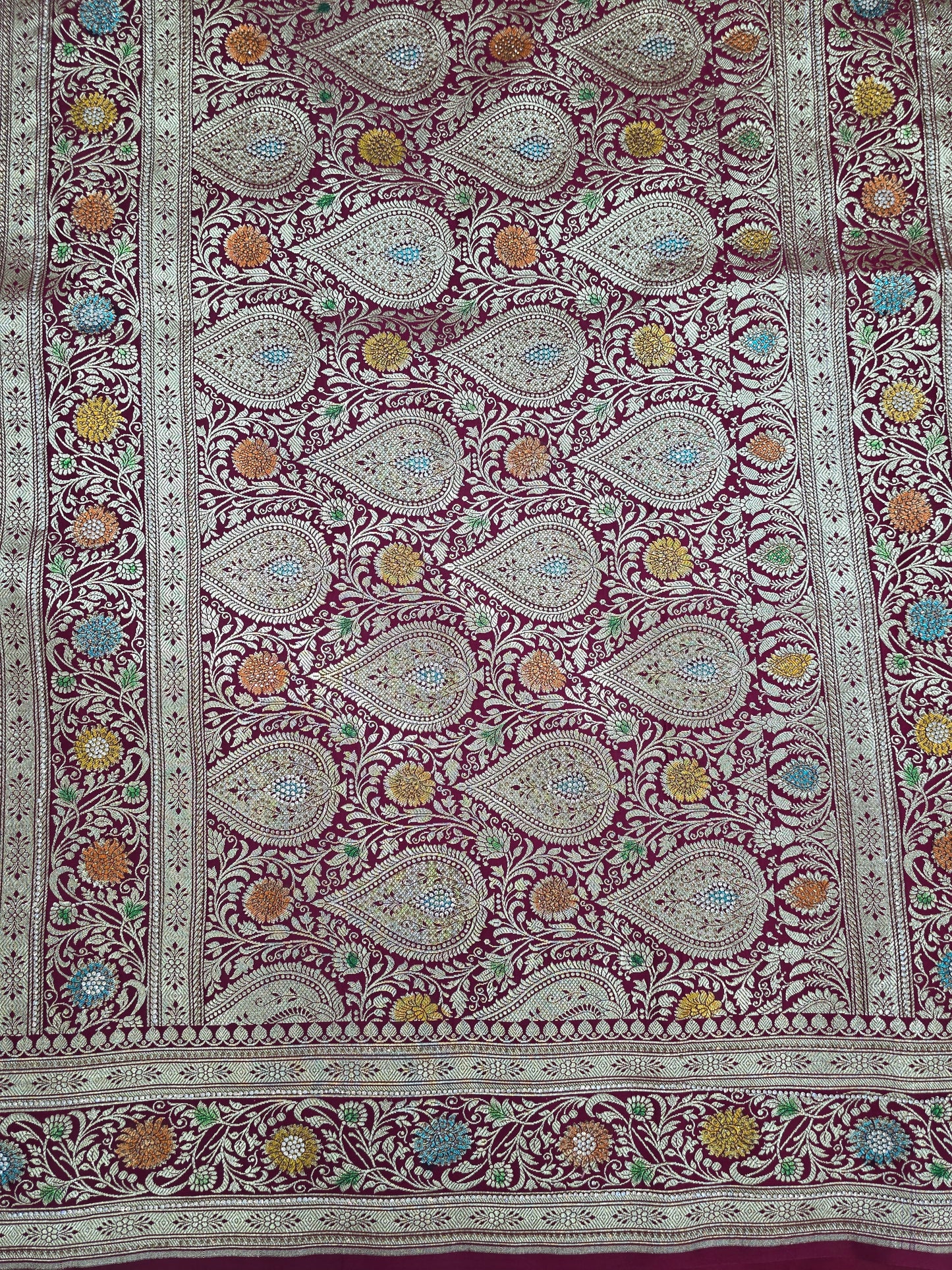 Maroon Zarkan swarovski Banarasi Katan Saree