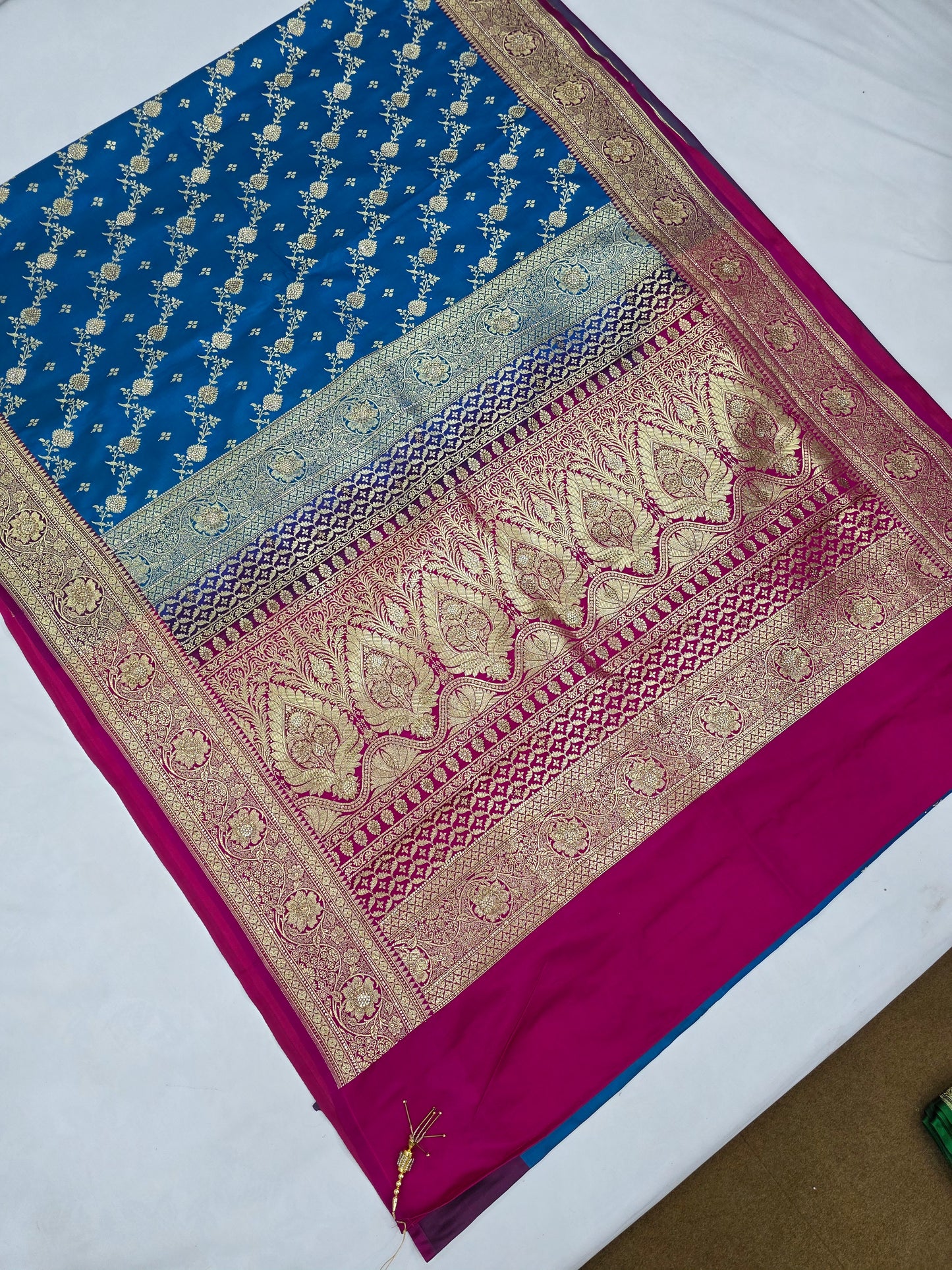 Firozi Blue Zarkan Swarovski Banarasi Saree