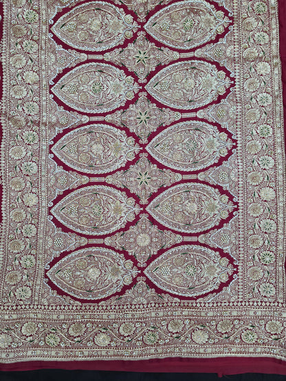 Maroon Zardozi Zarkan Banarasi Katan Saree