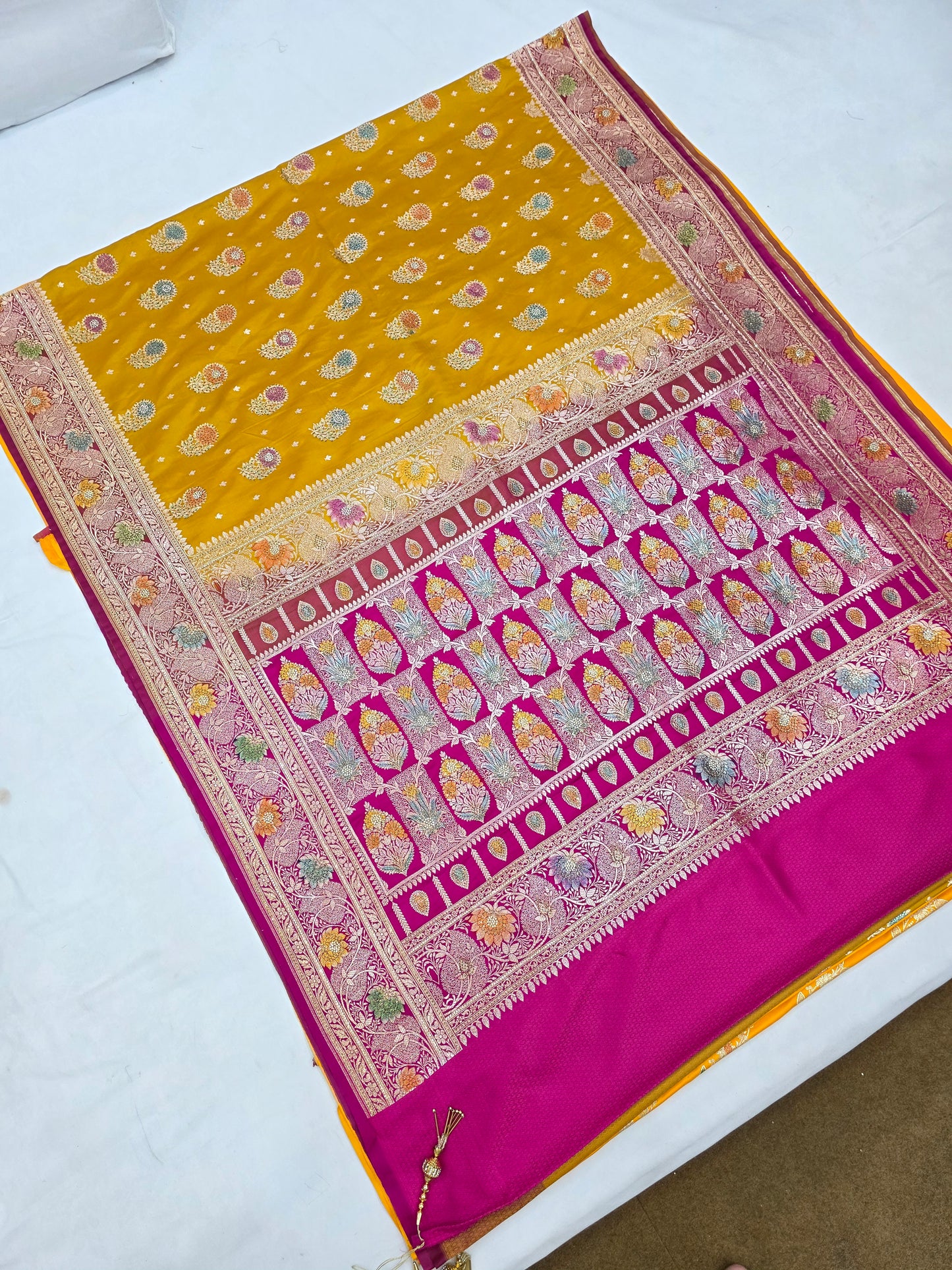Yellow Zarkan Swarovski Banarasi Katan Saree