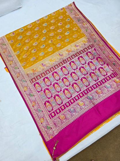 Yellow Zarkan Swarovski Banarasi Katan Saree