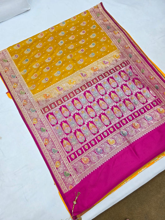 Yellow Zarkan Swarovski Banarasi Katan Saree