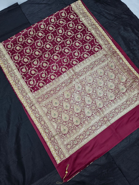 Maroon Zarkan Swarovski Banarasi Katan Saree