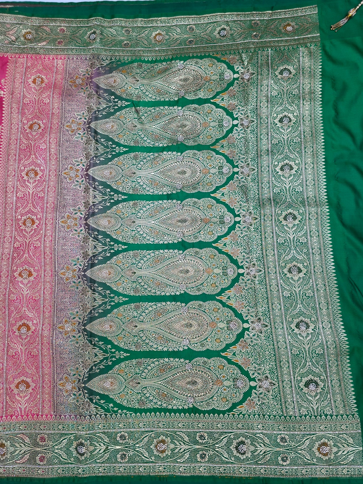 Strawberry Zarkan Swarovski Banarasi katan saree