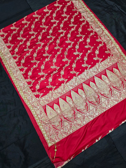 Red Zarkan Swarovski Banarasi Katan Saree