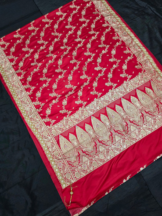 Red Zarkan Swarovski Banarasi Katan Saree