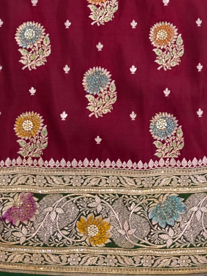 Maroon Zarkan Swarovski  Banarsi Katan saree