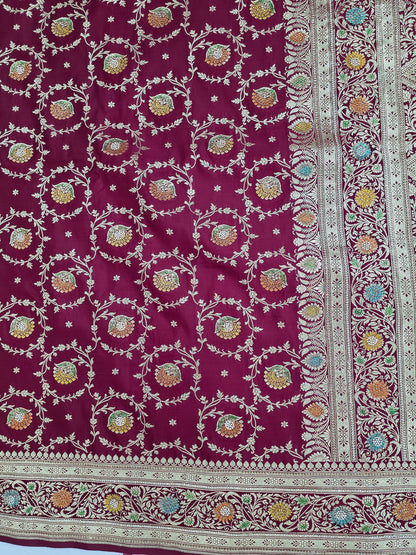 Maroon Zarkan swarovski Banarasi Katan Saree