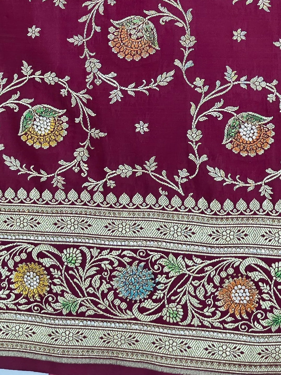 Maroon Zarkan swarovski Banarasi Katan Saree