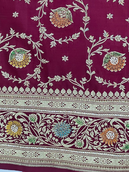 Maroon Zarkan swarovski Banarasi Katan Saree