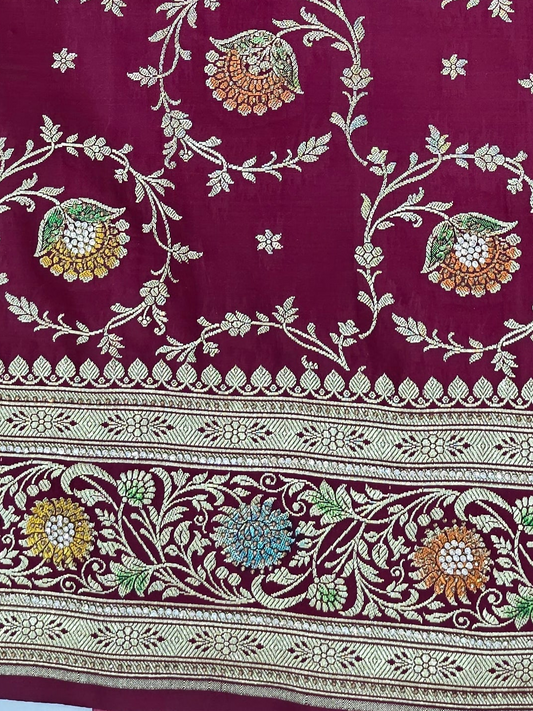 Maroon Zarkan swarovski Banarasi Katan Saree