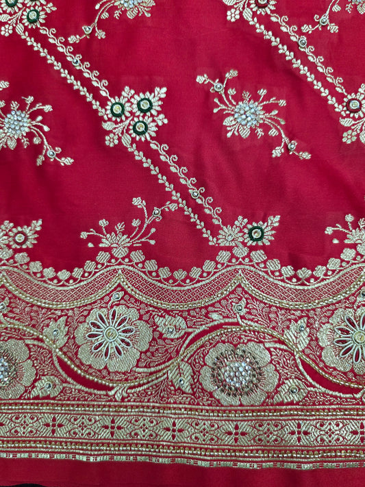 Red Zardozi Zarkan Moti Banarasi Saree