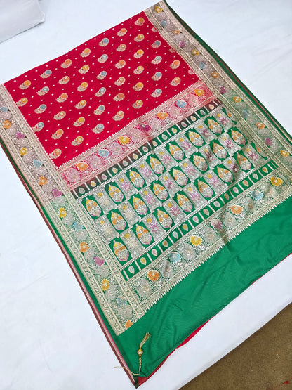 Red Zarkan Swarovski Banarasi Katan Saree
