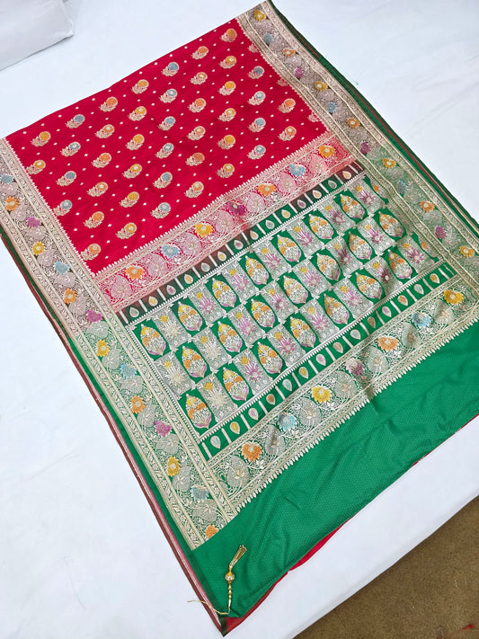 Red Zarkan Swarovski Banarasi Katan Saree