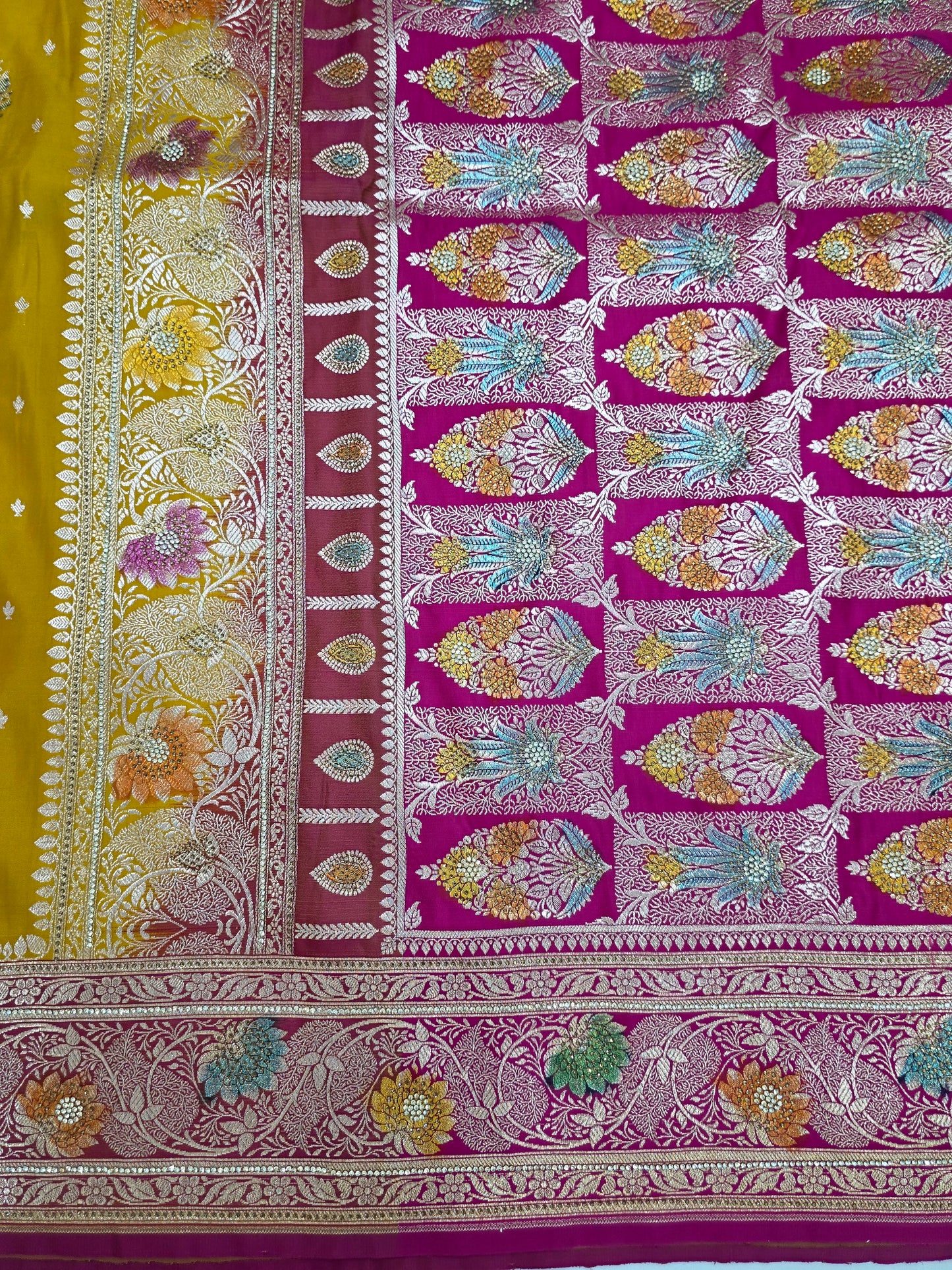Yellow Zarkan Swarovski Banarasi Katan Saree
