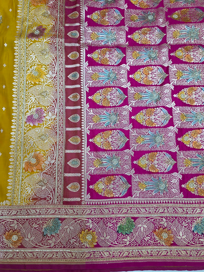 Yellow Zarkan Swarovski Banarasi Katan Saree