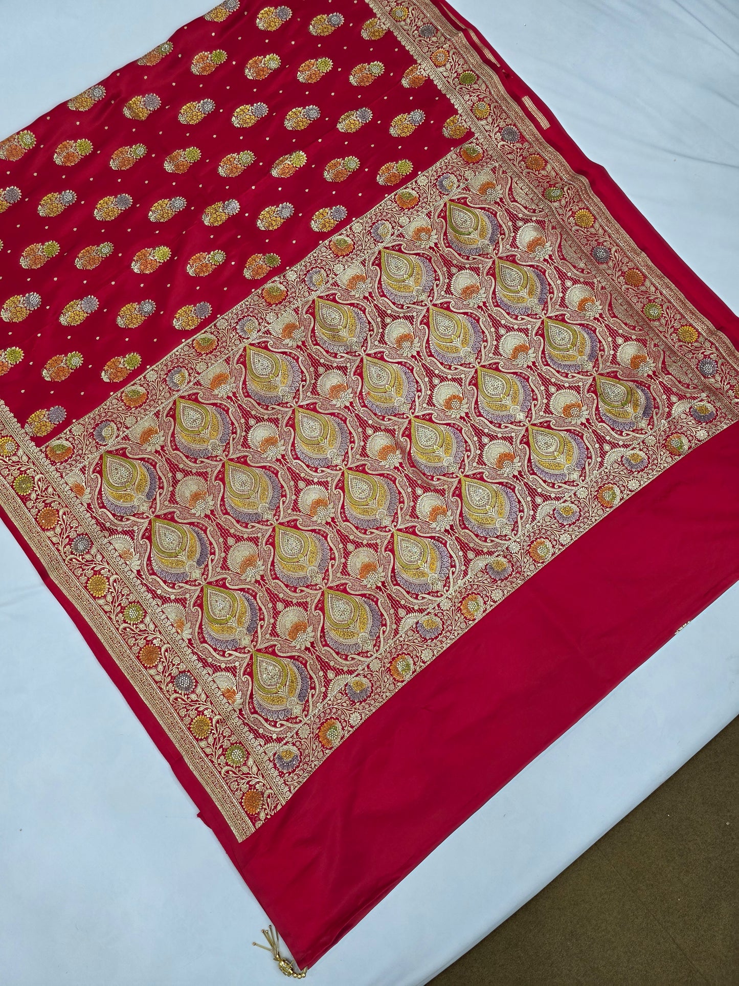 Red Mina Kari Zarkan Swarovski Banarasi Saree