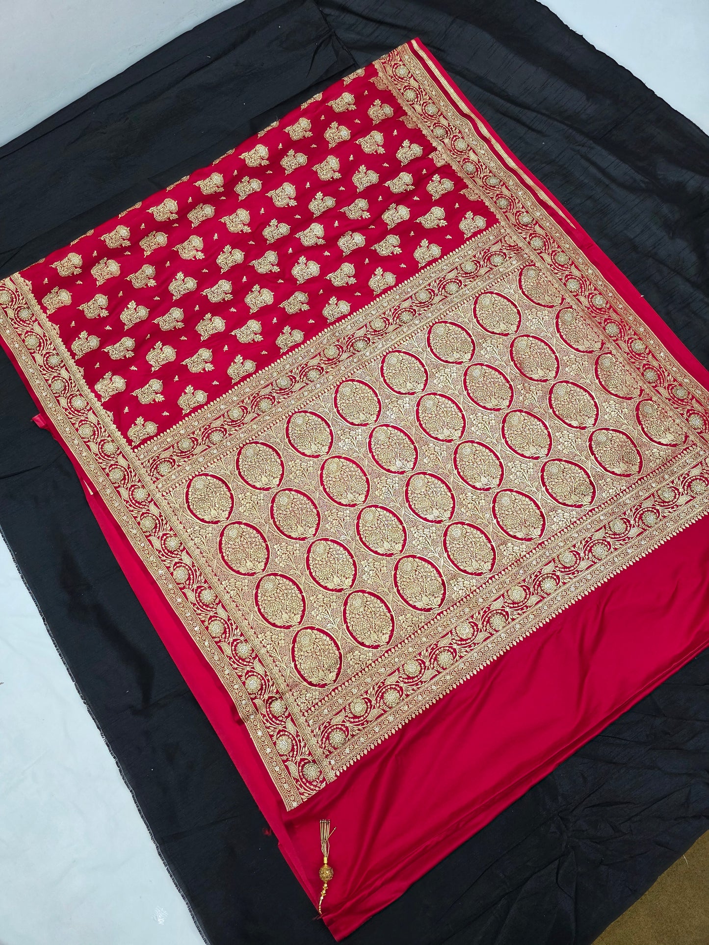 Red Zarkan Swarovski Banarasi Katan Saree