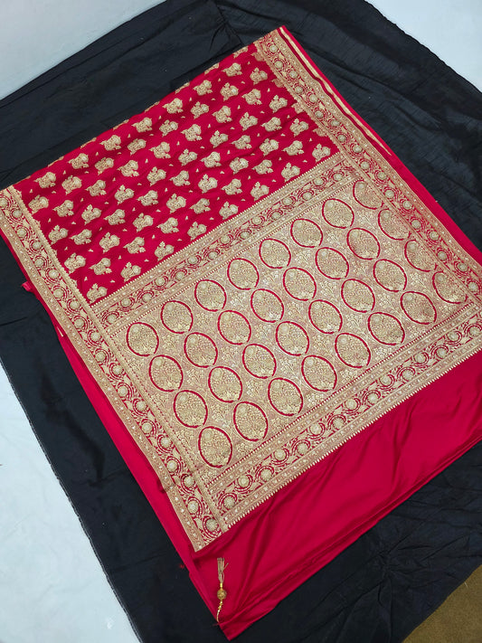 Red Zarkan Swarovski Banarasi Katan Saree