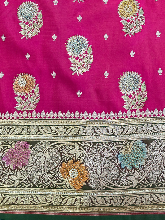 Strawberry Zarkan Swarovski Banarasi Katan Saree