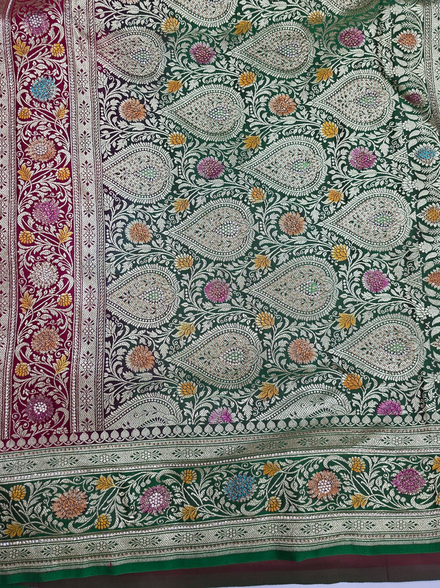 Maroon Zarkan Swarovski Banarsi Katan Saree