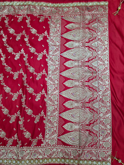 Red Zarkan Swarovski Banarasi Katan Saree