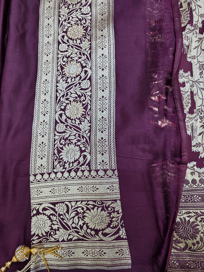 Wine Zarkan Swarovski Banarasi Katan Saree