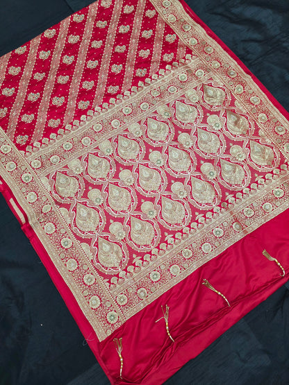 Red Zardozi Zarkan Banarasi Katan Saree