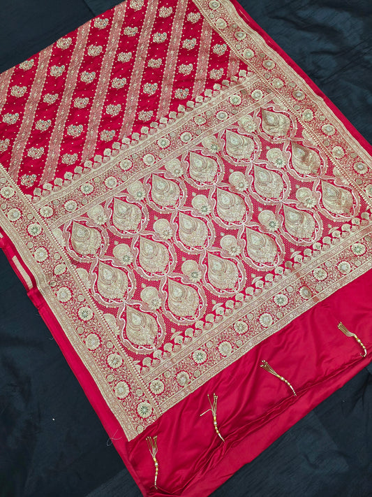 Red Zardozi Zarkan Banarasi Katan Saree