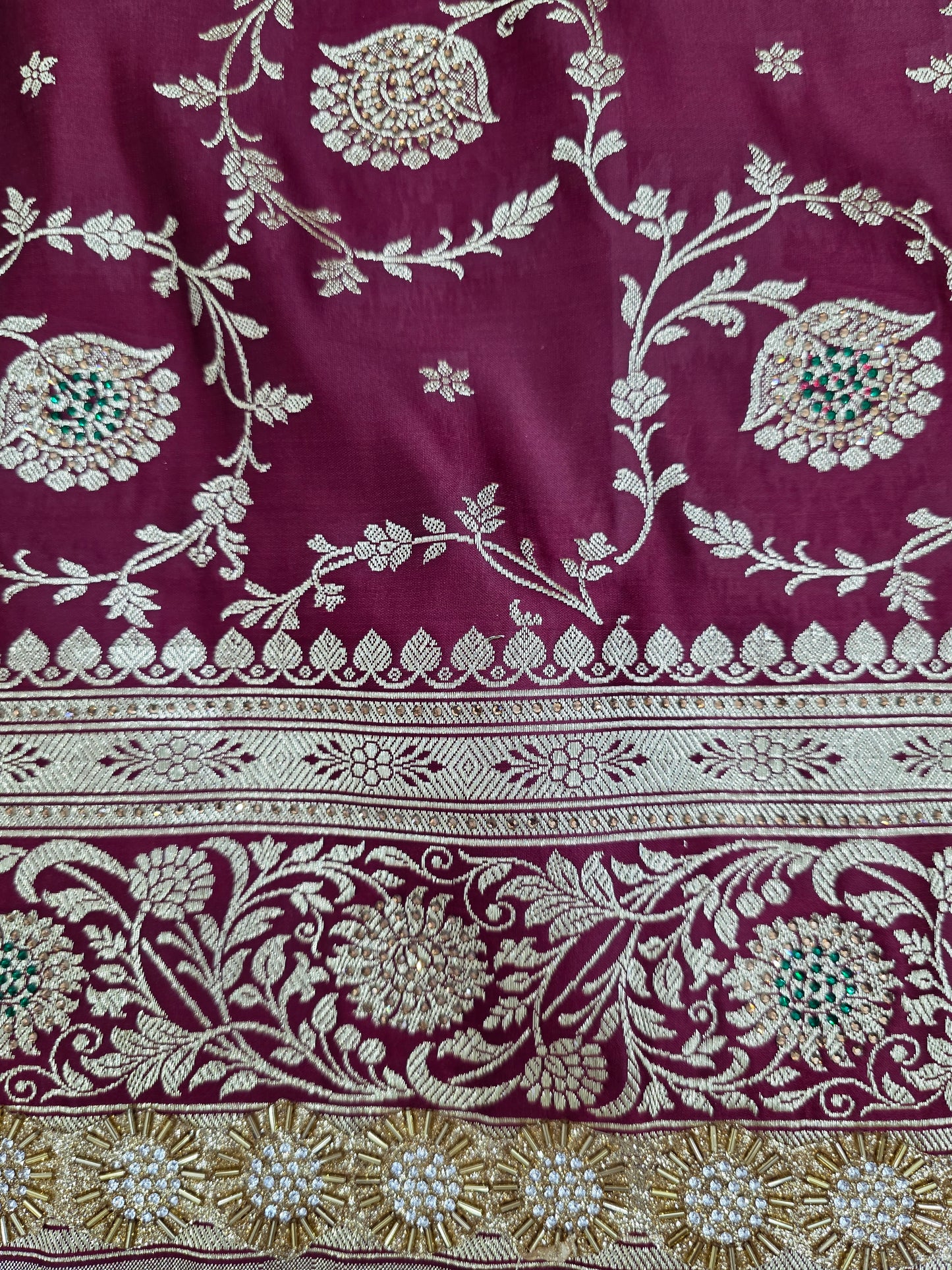 Maroon Zarkan Swarovski Banarasi Katan Saree