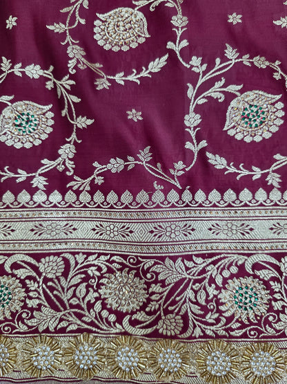 Maroon Zarkan Swarovski Banarasi Katan Saree