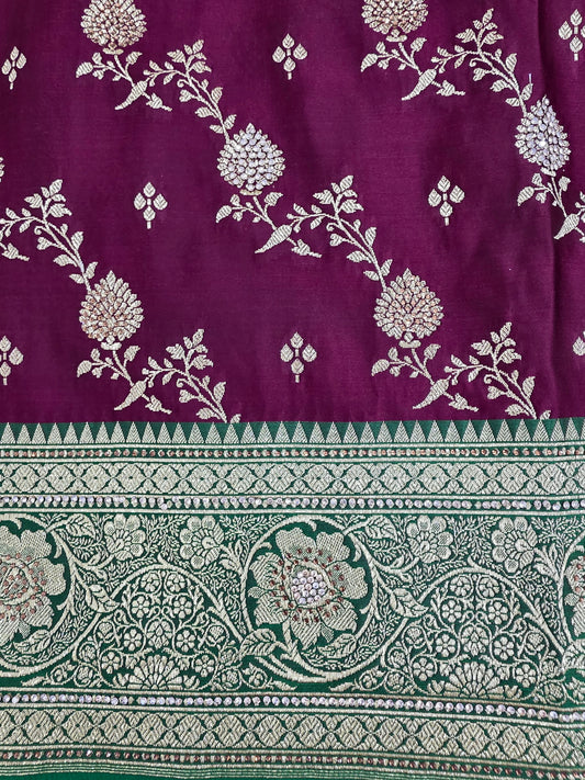 Wine Zarkan Swarovski Banarasi Saree
