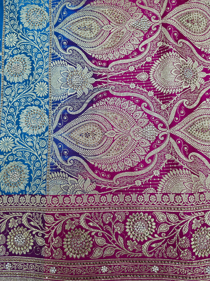 Blue Zarkan Swarovski Banarasi Katan Saree