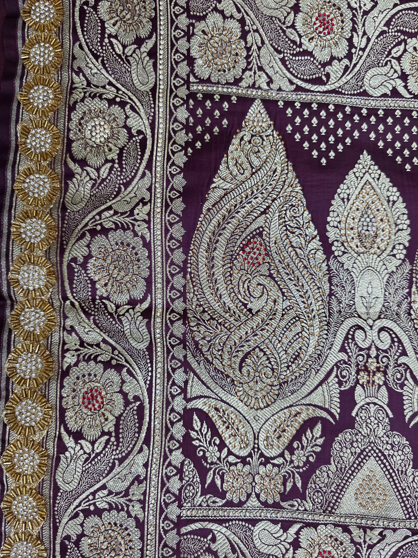 Wine Zarkan Swarovski Banarasi Katan Saree