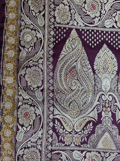 Wine Zarkan Swarovski Banarasi Katan Saree