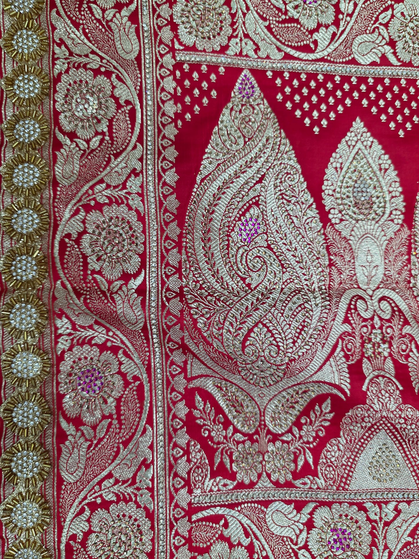 Red Zarkan Swarovski Banarasi Katan Saree