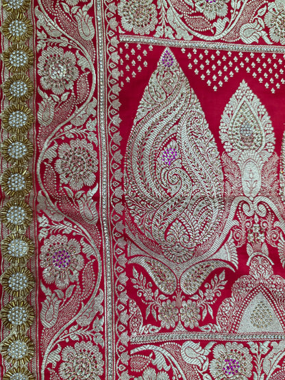 Red Zarkan Swarovski Banarasi Katan Saree