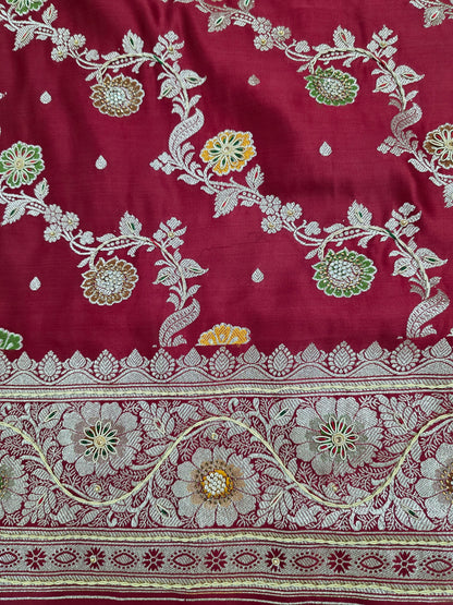 Maroon Minadaar Zardozi Zarkan Banarasi Saree