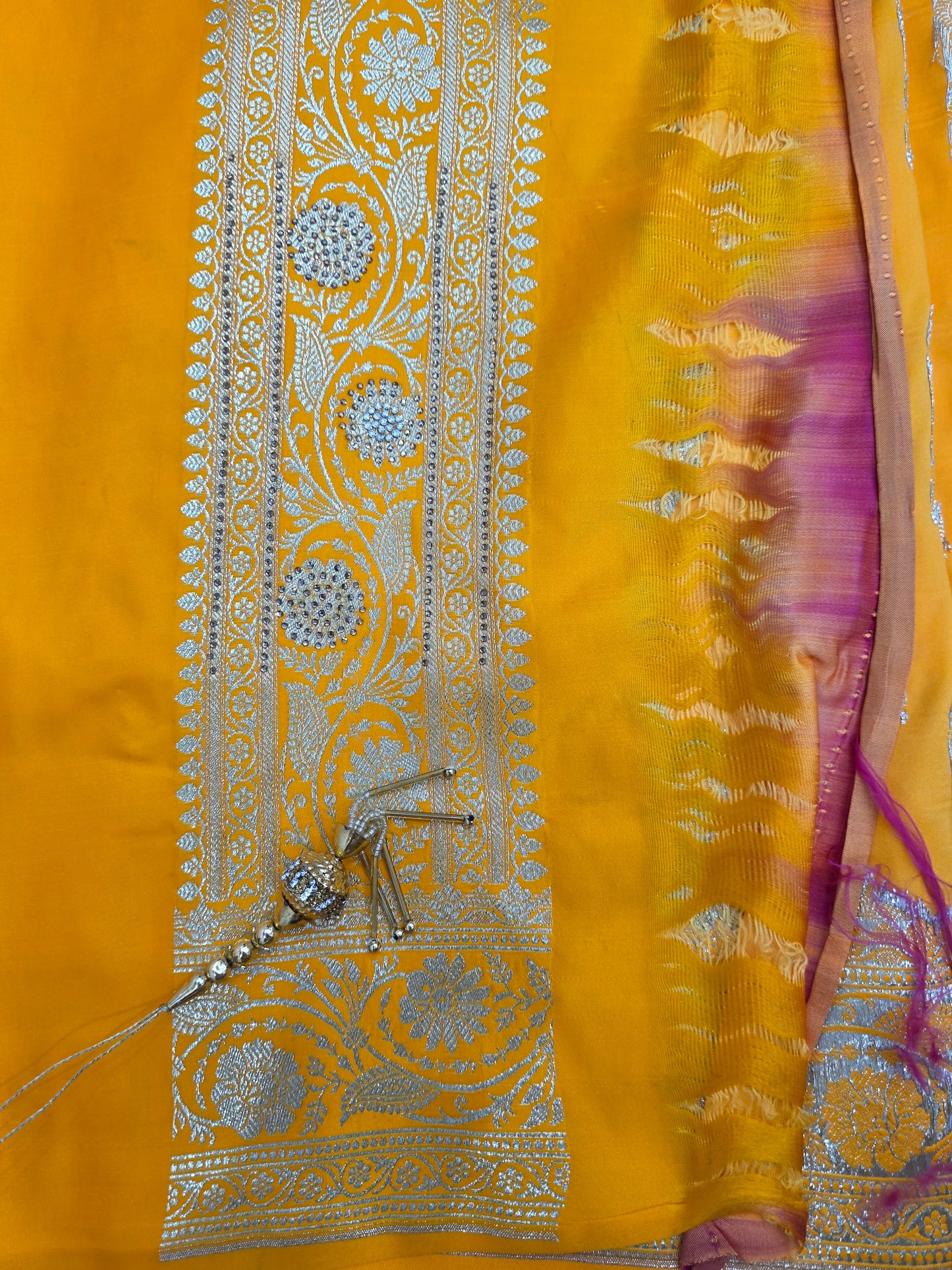 Yellow Zarkan Swarovski Banarasi Katan Saree